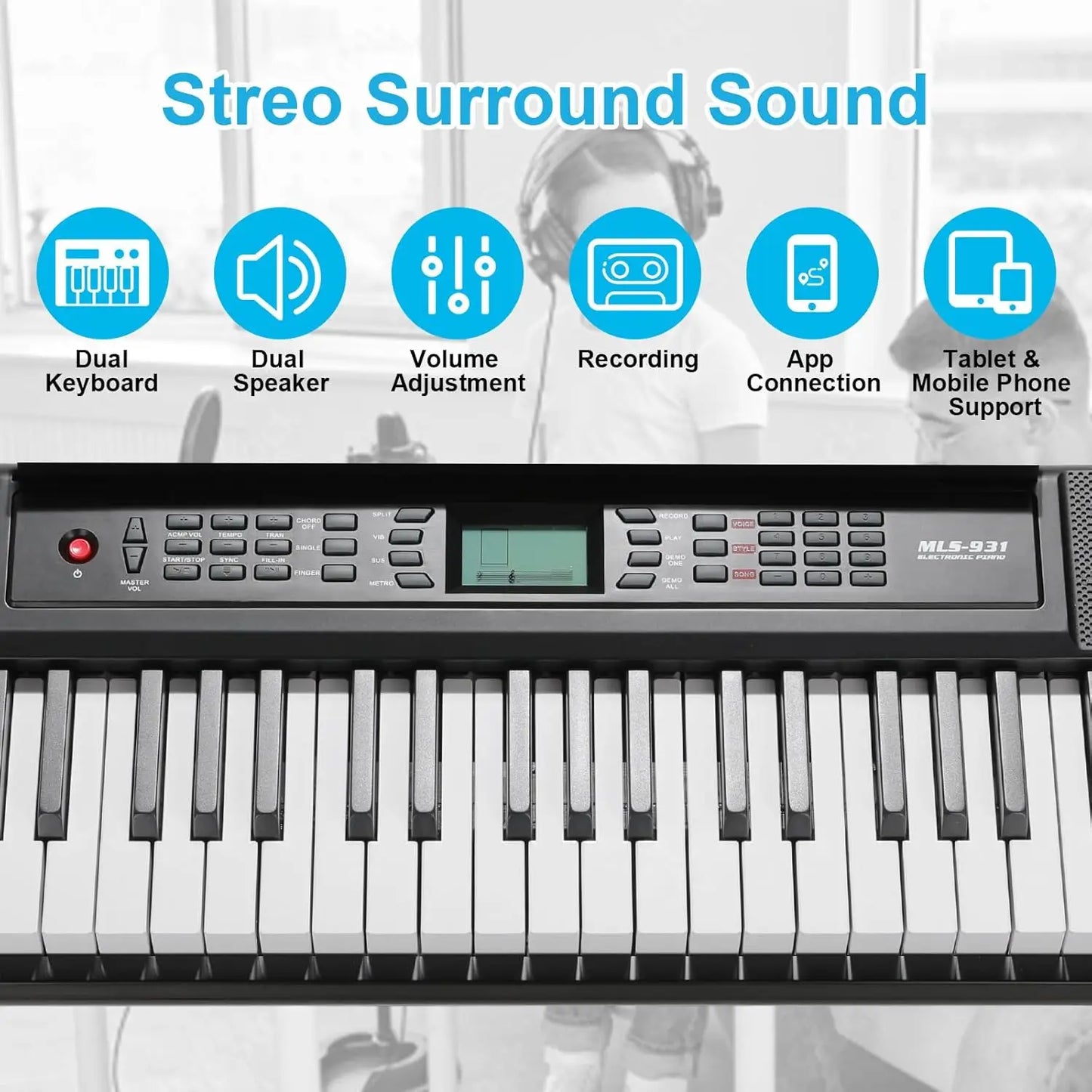 Keyboard Piano Digital Piano 61 Keys, Electric Piano Keyboard for Beginners, 300 Sounds & Teaching Function, Electronic Keyboard