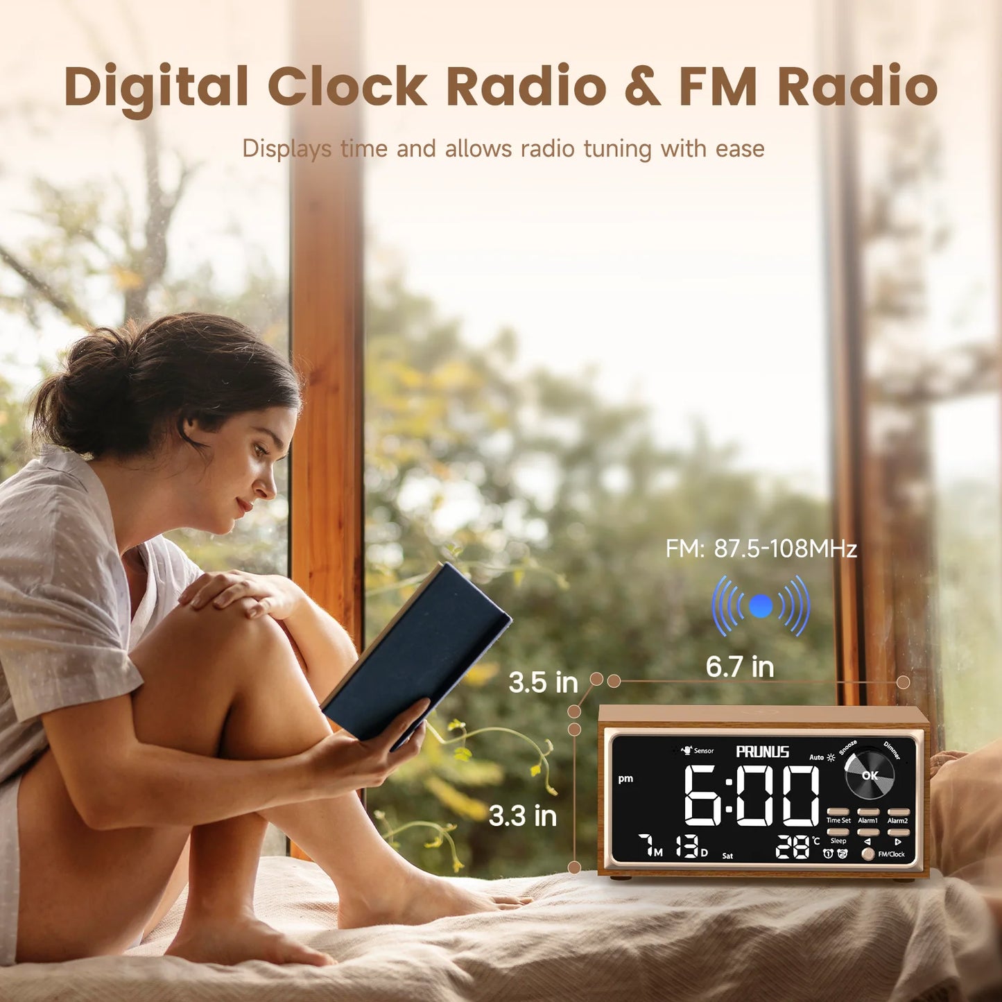Retro Vintage Dual Alarm Clock Radio FM 15W Fast Wireless Charging LED Display Dimmer Control Auto-Dimming Retro Clock Bedroom