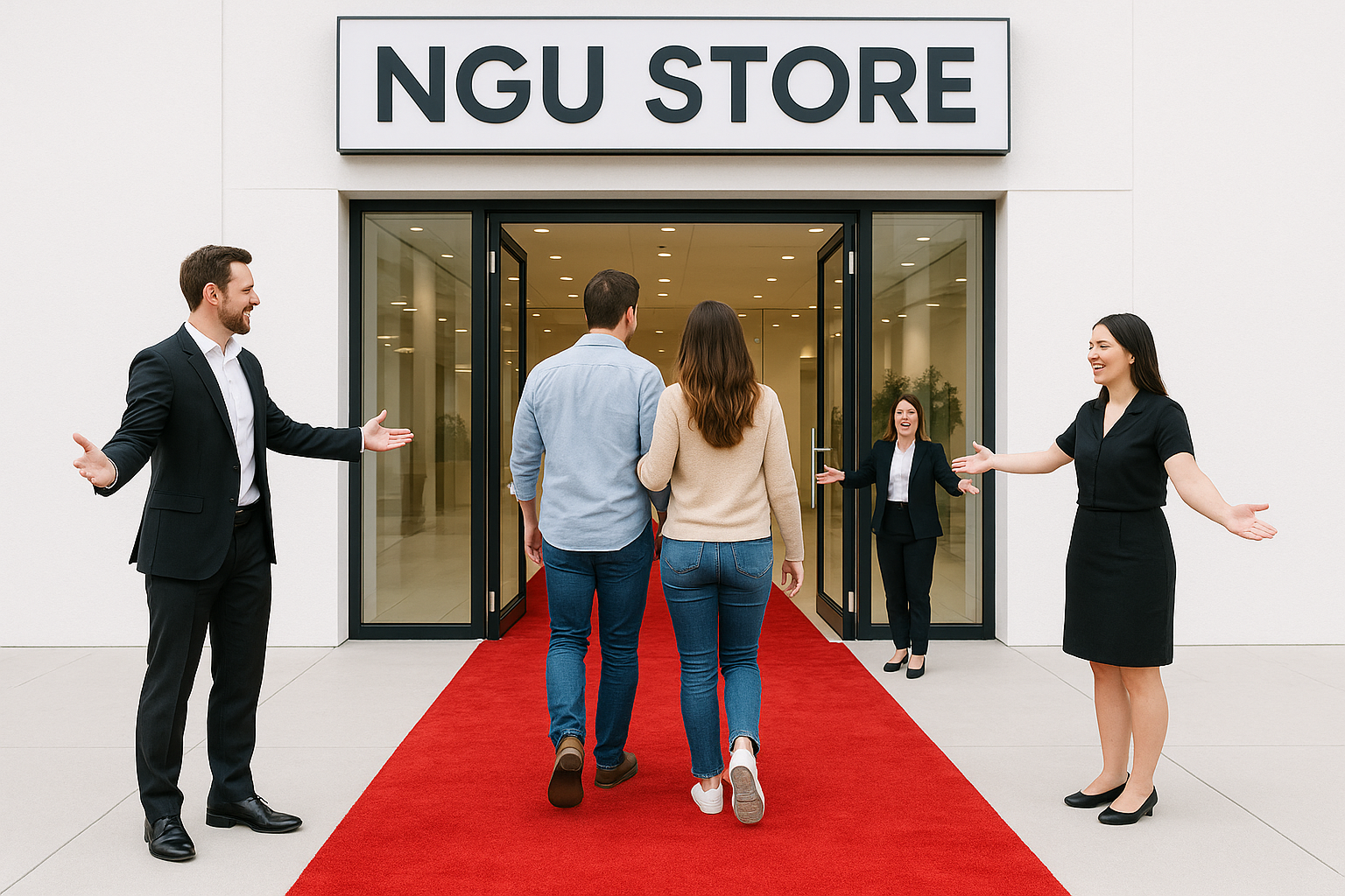 replace NGU Store instead of shopping mall. Peoples welcome from red carpet and the image background should be white