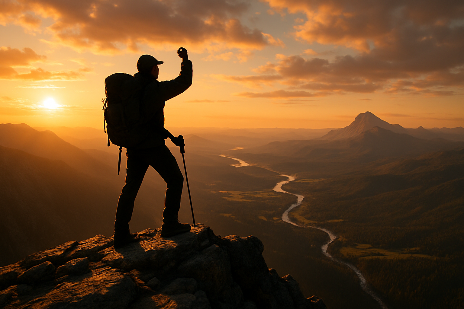 the hiking person reached to the mountain top and he watching the below surface