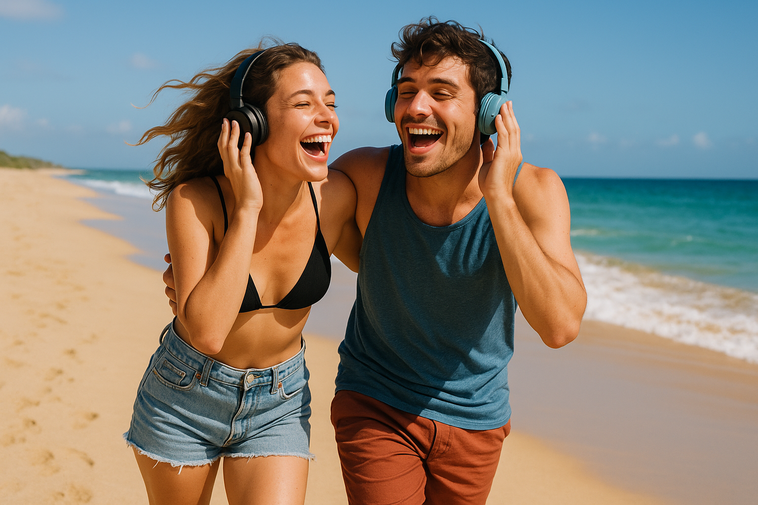 the young couple arrived to beach and they wearing beach clothes and they wearing head phones and laughing and enjoying the singing song