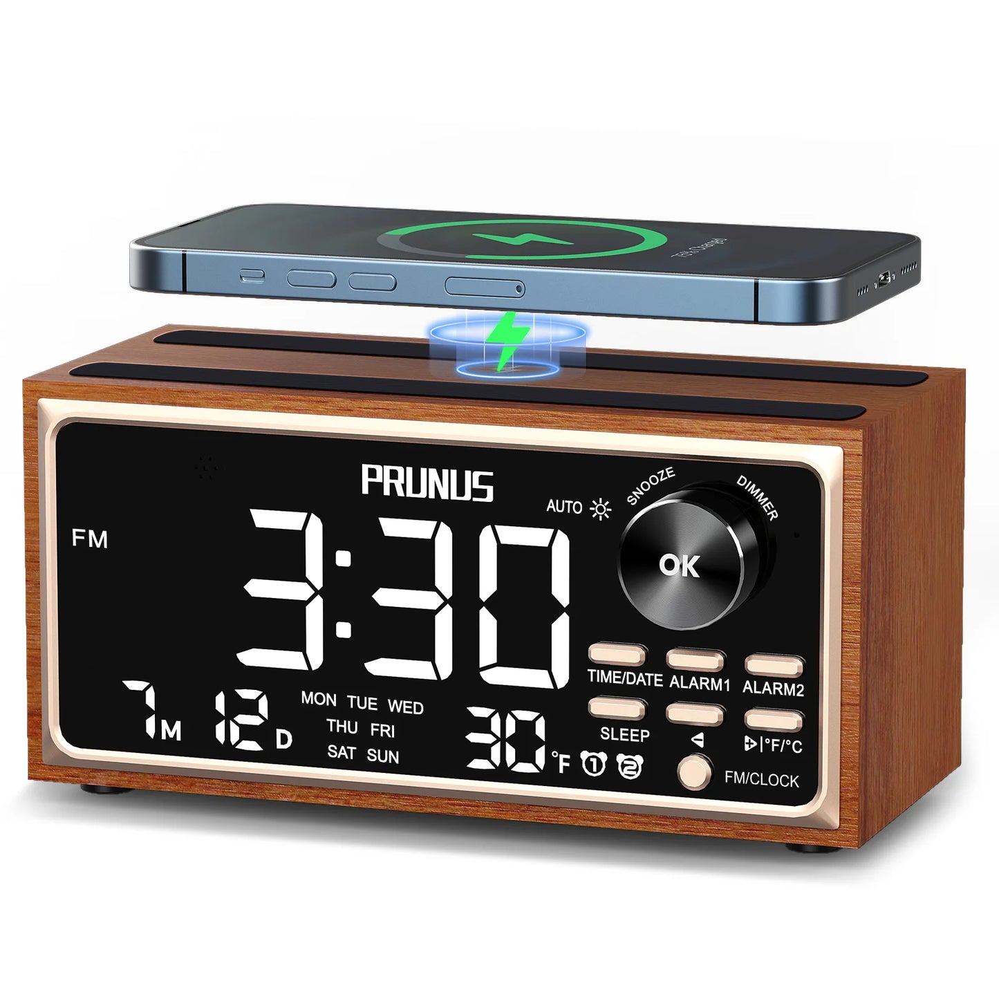 Retro Vintage Dual Alarm Clock Radio FM 15W Fast Wireless Charging LED Display Dimmer Control Auto-Dimming Retro Clock Bedroom