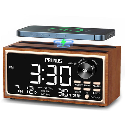 Retro Vintage Dual Alarm Clock Radio FM 15W Fast Wireless Charging LED Display Dimmer Control Auto-Dimming Retro Clock Bedroom