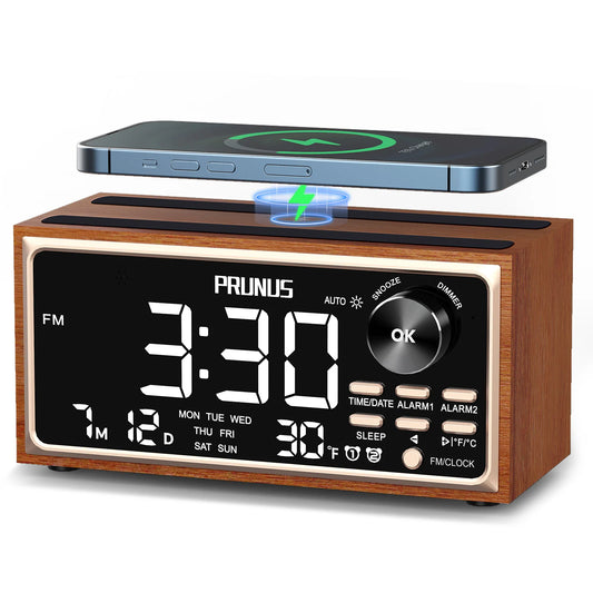 Retro Vintage Dual Alarm Clock Radio FM 15W Fast Wireless Charging LED Display Dimmer Control Auto-Dimming Retro Clock Bedroom