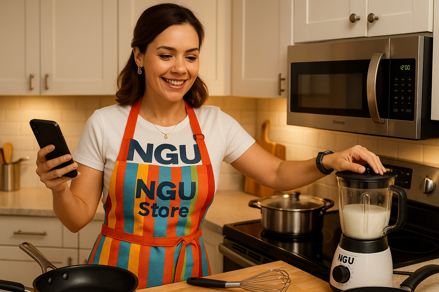 generate an image, the housewife use electronic items, jewlleries and kitchen items. She is wearing an shirt and apron , on there surface dentoed " NGU Store"