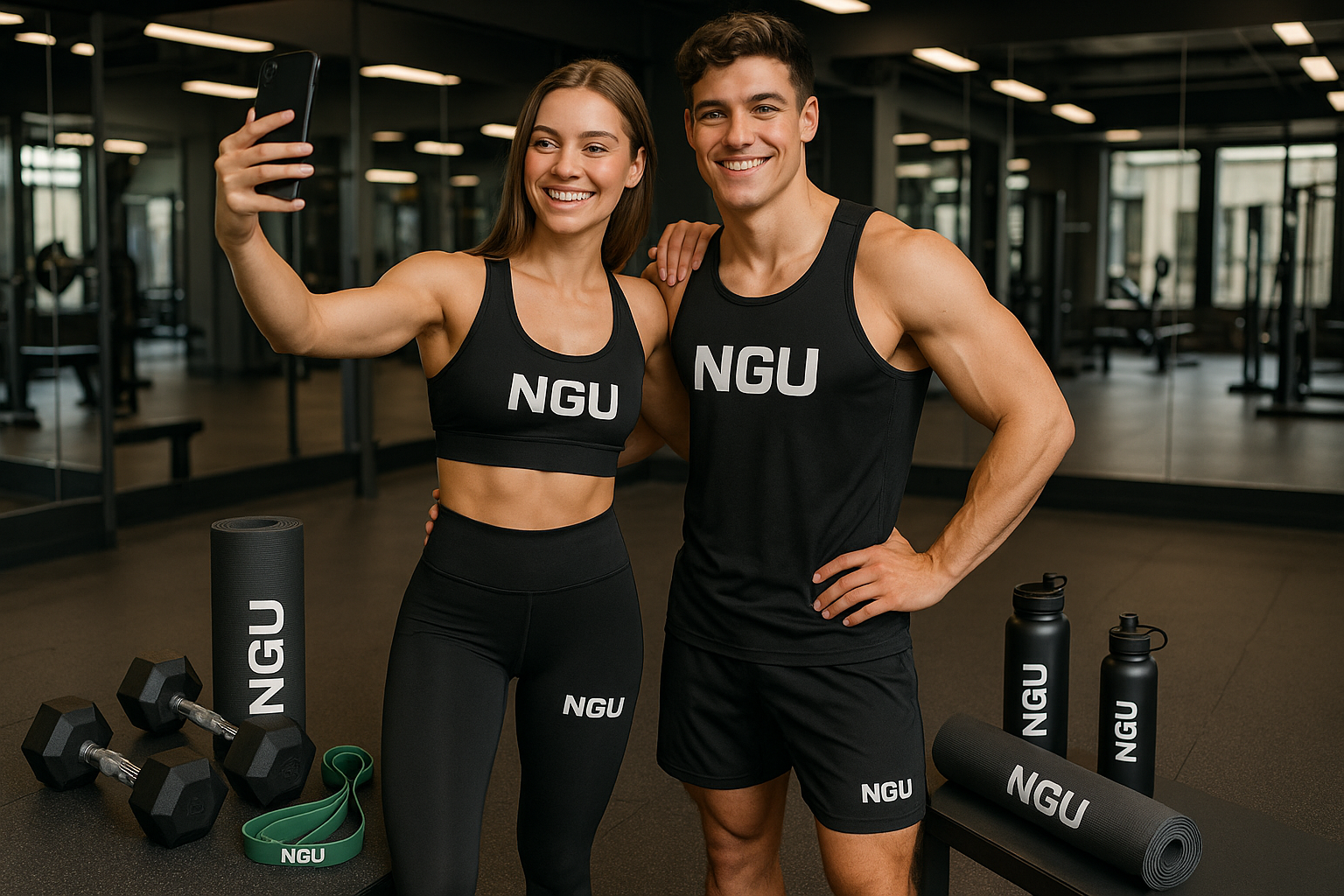 the girl and boy take photo in gym. they are weaing Our NGU clothings, and use ngu fitness items.