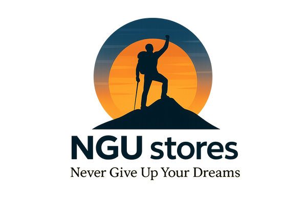The mountain climber on hilltop is the logo image. Below the logo, NGU stores and notes down the description "Never Give Up Your Dreams"